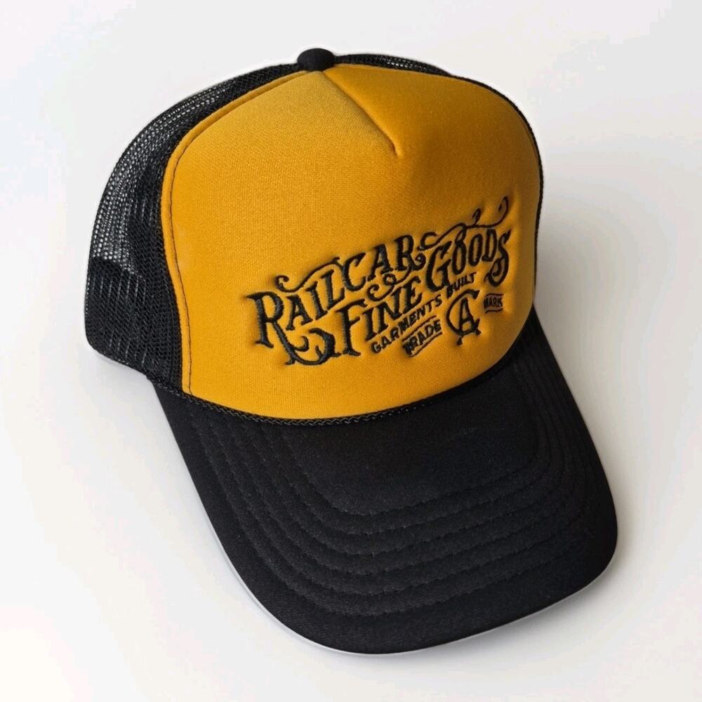 Railcar Finegoods BLACK GOLD HAT 5 PANEL HIGH CROWN TRUCKER SNAPBACK One Size